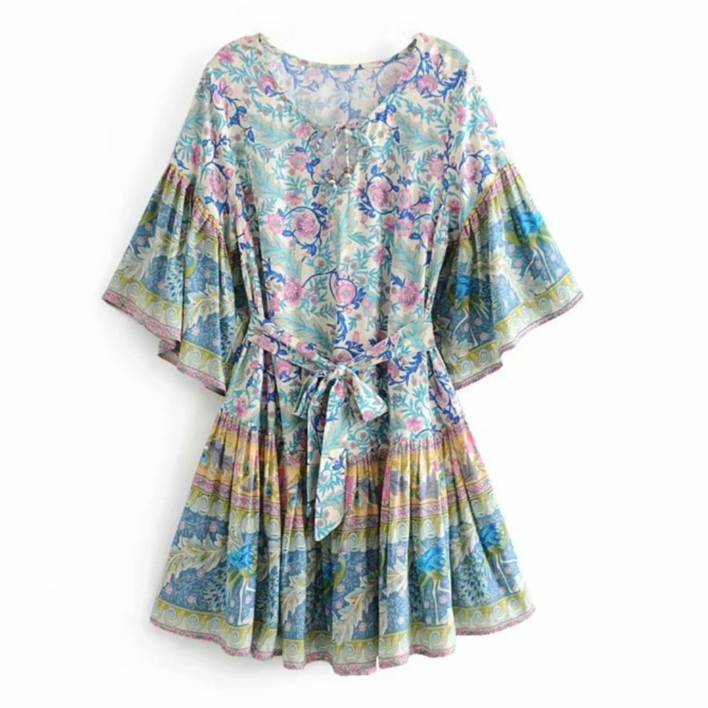 Colorful Boho Floral Gypsy Peacock Print Dress - Picture 4 of 13